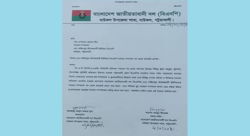 চাঁদাবাজির দায়ে বিএনপি নেতার দলীয় পদ থেকে অব্যাহতি